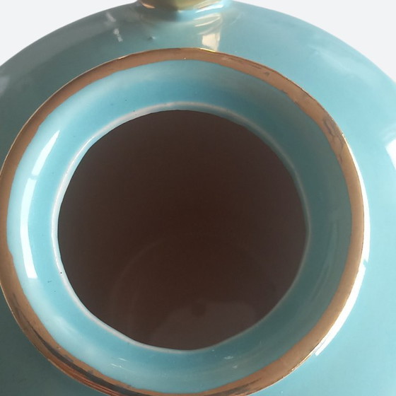 Image 1 of Vintage (1960-1970) handmade design tea set in turquoise glaze with gold accents – teapot and sugar bowl with lid