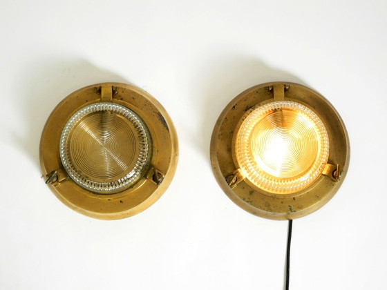 Image 1 of A pair of large, heavy 1950s original maritime ship wall lamps made of brass and glass