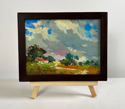 Original Oil Painting Summer Village Landscape The sky over the village was overcast