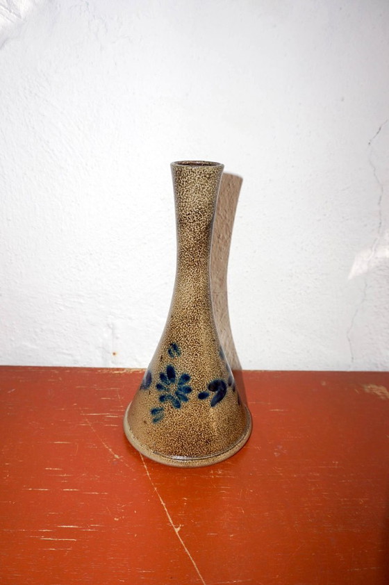 Image 1 of hand-thrown stoneware vase with cobalt blue floral glaze * vintage studio pottery * tall flower vase with narrow neck * ceramic 