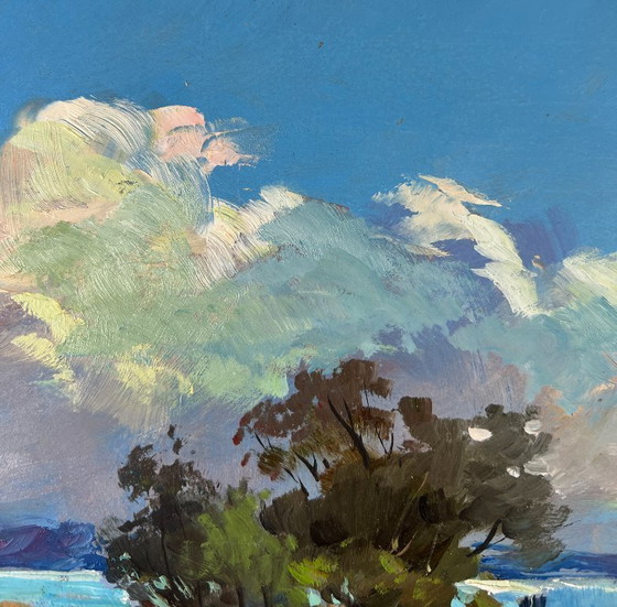 Image 1 of Peinture à l'huile originale, paysage de route d'été. L'harmonie paisible de la nature.