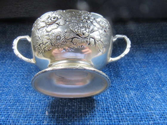 Image 1 of Silver plated Set of milk jug / creamer & sugar bowl, signed TK, vintage