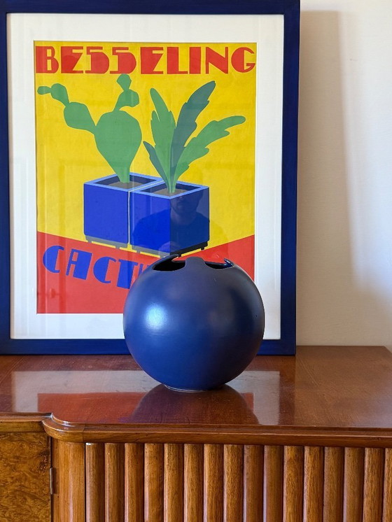 Image 1 of Modern blue spherical ceramic vase, Italy 1970