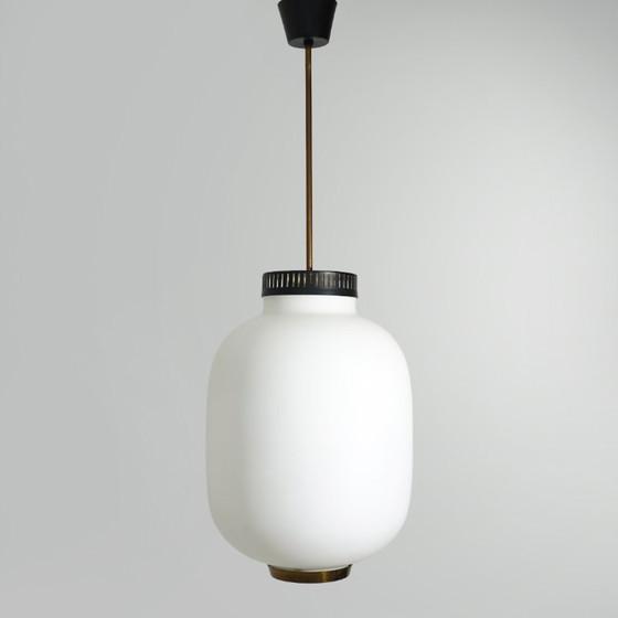 Image 1 of Chandelier in white opaline glass and brass, 1950s