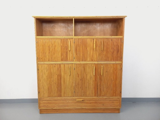 Vintage storage furniture in rattan and light wood from the 60s