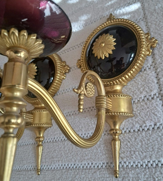 Set van 4 vintage wandlampen – aubergine glas & goud | Hollywood Regency – Metal, Brass (photo 11 of 13)