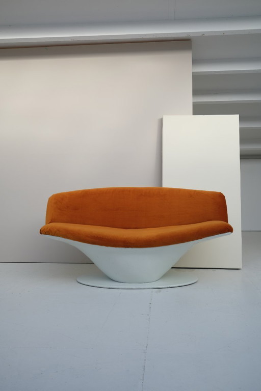 Space Age fiberglass sofa upholstered in orange velvet