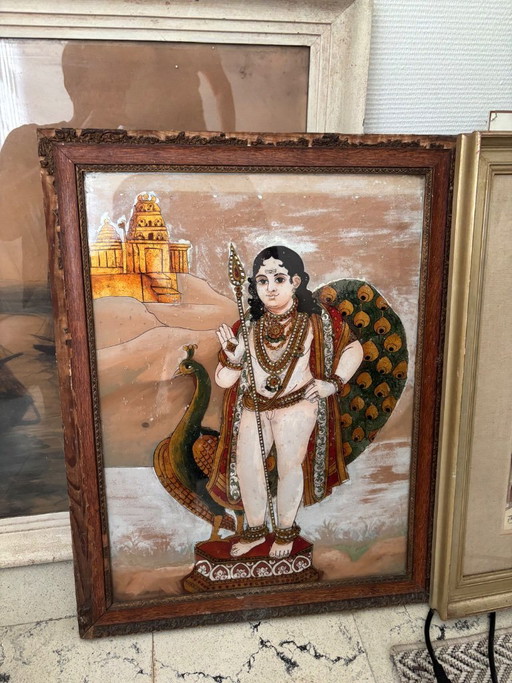 PINTURA SOBRE VIDRIO AL REVÉS QUE REPRESENTA A MURUGAN, TANJORE (THANJAVUR), SUR DE LA INDIA, CIRCA 1900