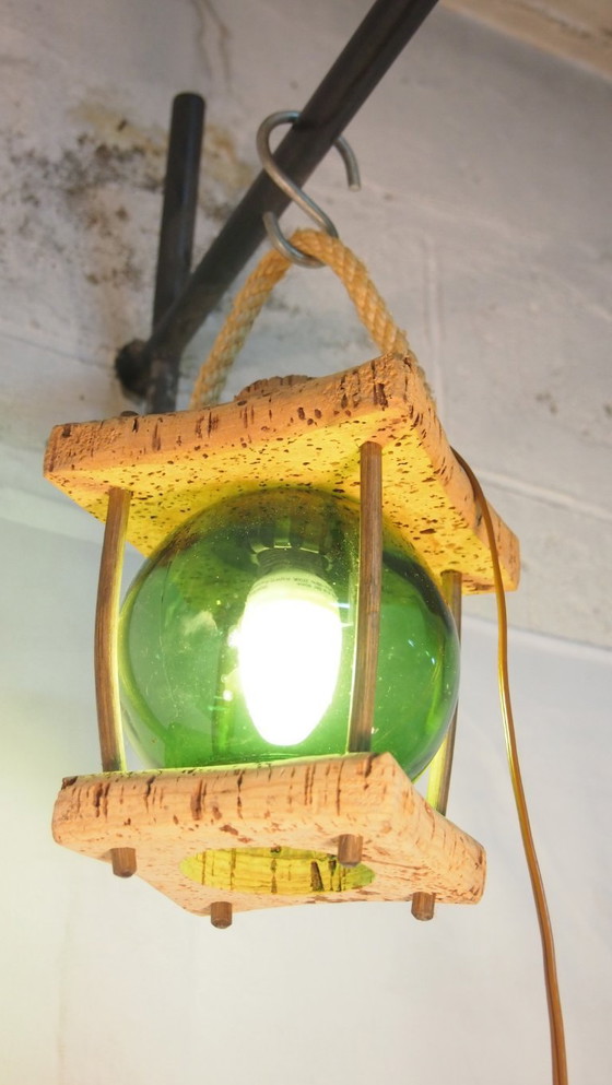 Image 1 of Franse Mid-Century Nautische Lantaarn Tafellamp, Mediterraan Kurk & Gerookt Glas, Jaren 60 Kustontwerp, Vintage Zeedecoratie