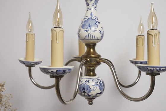 Image 1 of Antique Delft Blue Porcelain Chandelier Dutch Ceramic Ceiling Light Blue White Farmhouse Cottagecore Lighting