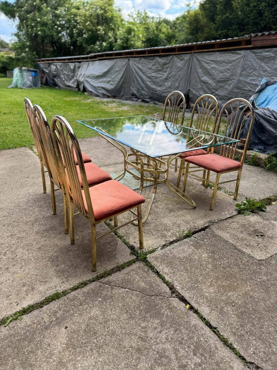 Italian Brass Dining Table and Chairs, 1970s, Set of 7 – Dining set, Glass, Hollywood Regency (photo 3 of 9)