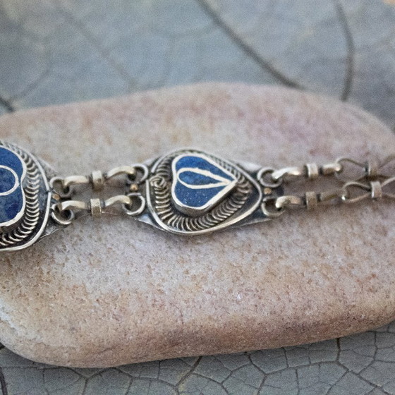 Image 1 of Boho Vintage Bracelet with Links and Lapis Lazuli Inlay: Set in Tibetan silver