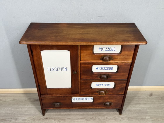 Image 1 of Antique kitchen cabinet with porcelain drawer plates | ca. 1900-1930