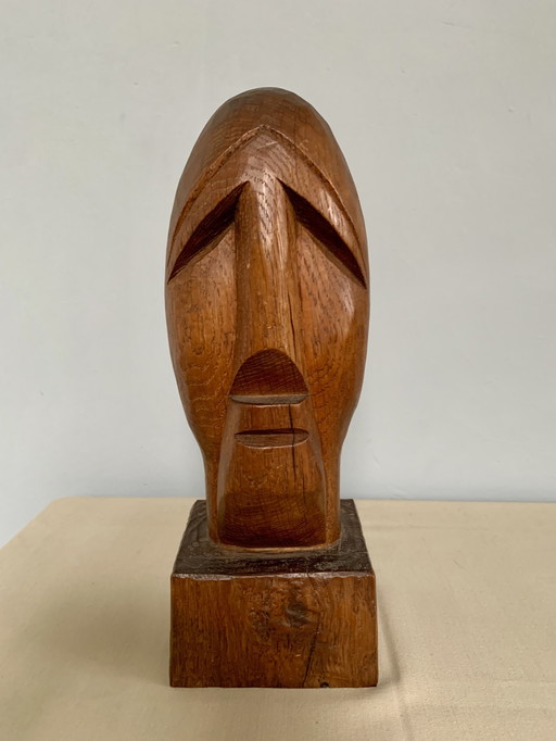 Brutalist Houtsnijwerk Kop Buste Sculptuur Eiken Hout Jaren 70