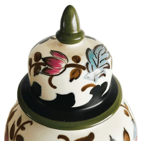 Image 1 of Mid-century Royal Gouda lidded vase South Holland lidded pot Verinique flowers 1950s