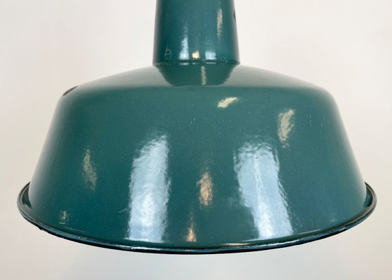 Image 1 of Industrial Petrol Enamel Factory Lamp with Cast Iron Top, 1960s