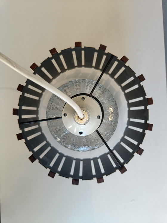 Image 1 of Scandinavian style pendant lamp in teak, black metal and textured glass, 1960s/70s