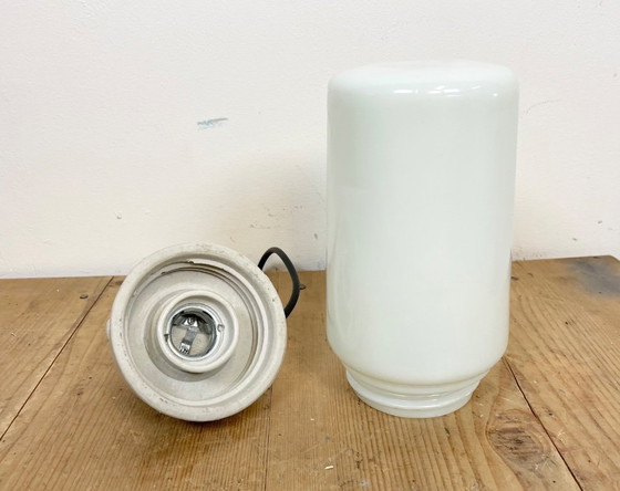 Image 1 of Industrial White Porcelain Pendant Light with Milk Glass, 1970s