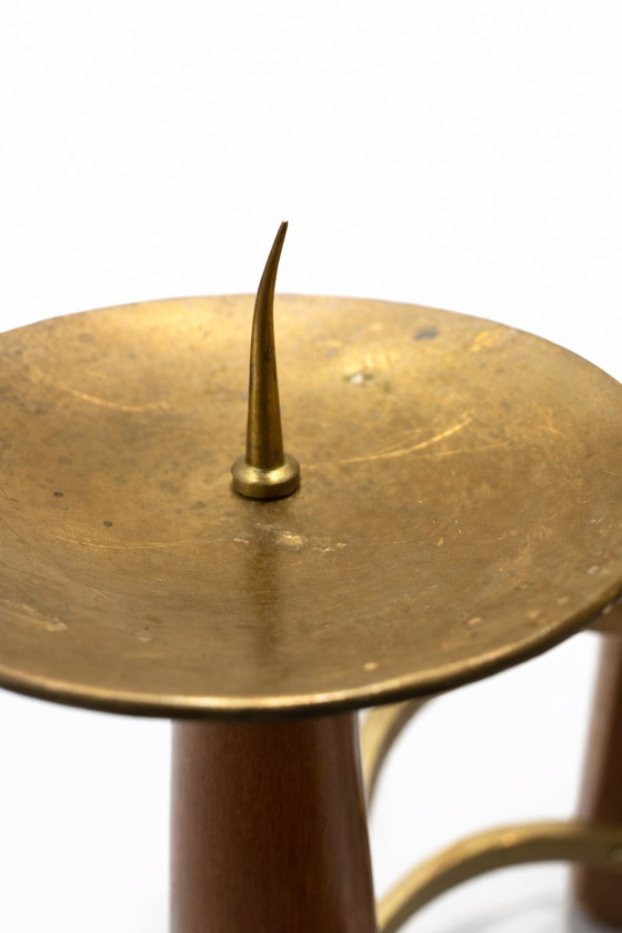 Image 1 of Teakhouten en messing kandelaar met 3 lampen uit het midden van de 20e eeuw – Deens modern – jaren 60