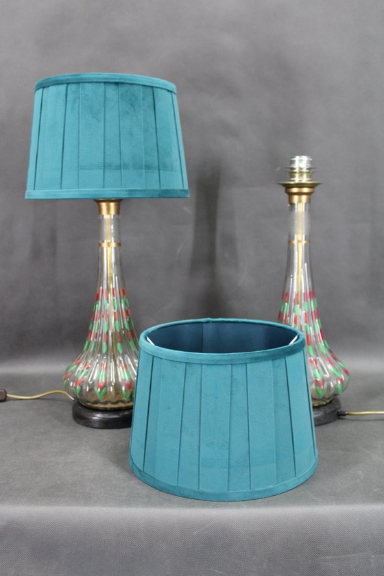 Image 1 of Paire de lampes de table en verre peintes à la main avec abat-jour en tissu neuf, Tchécoslovaquie, années 1960