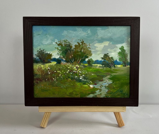 Origineel olieverfschilderij: Zomerlandschap met een winderige zomerdag