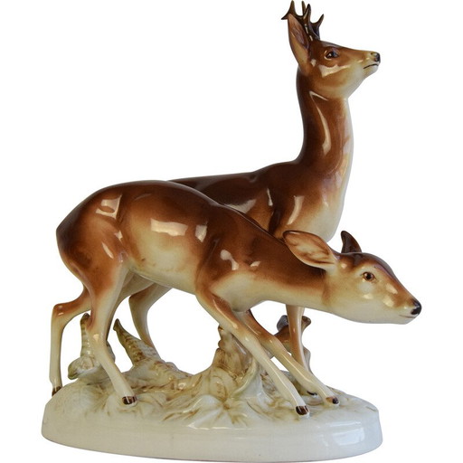 Vintage porcelain deer and doe sculpture from Royal Dux, Czechoslovakia 1950