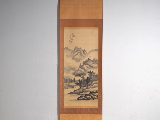 Antique Japanese kakejiku of a landscape in ink on paper – Japan, circa 1900 – Paintings & Drawings, Wood (photo 2 of 40)