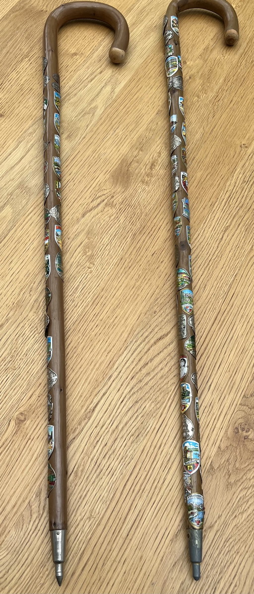 Two nostalgic walking sticks with enameled coats of arms from all over Europe