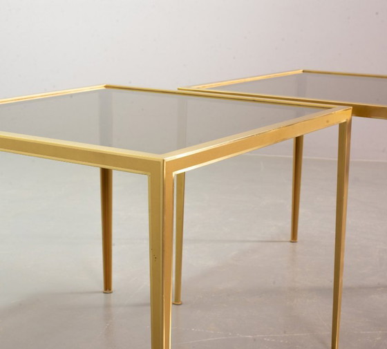 Image 1 of Elegant Hollywood Regency Minimalistic Solid Brass Side Tables with Smokey Glass Top by Vereinigte Werkstätten. Set of 2. 1970s.