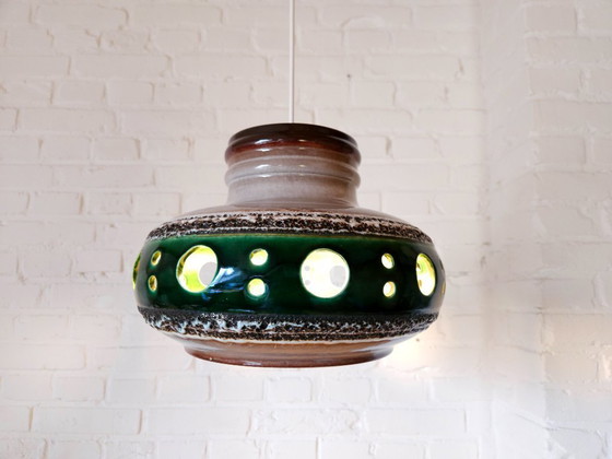Image 1 of Keramieken aardewerken vintage XXL hanglamp van Herda, west germany fat lava stijl, keramische retro, groene hanglamp