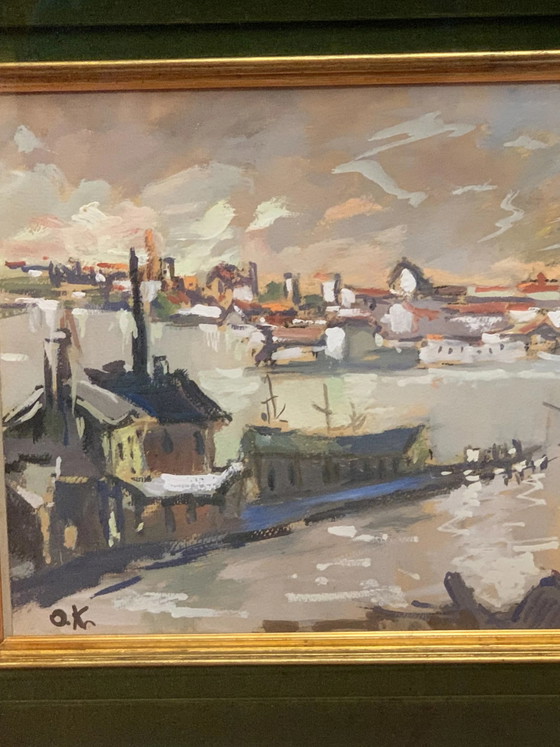 Peinture à l'huile Paysage au coucher du soleil sur toile par Ok, années 1950, Peintures et dessins (photo 2 sur 5)