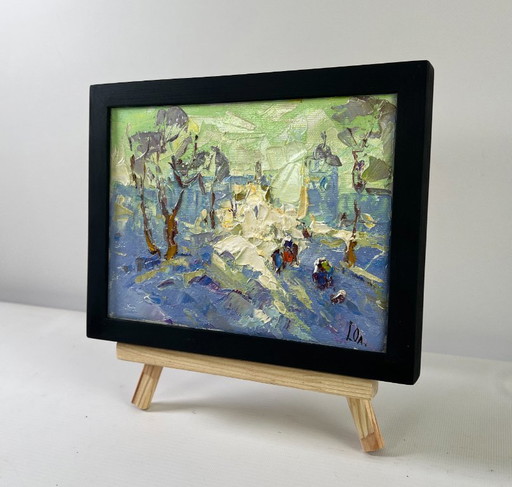 Original Oil Painting Winter Field Landscape There was a lot of snow