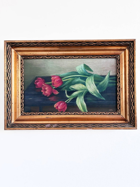 Image 1 of Vintage original flower oil painting, tulips still life art