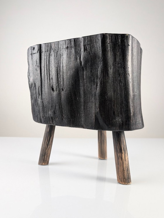 Image 1 of Black Ebonized Wabi-Sabi Wood Stool with Butterfly Joints