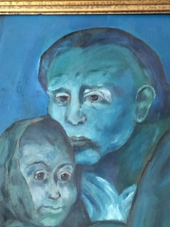 Image 1 of Vintage painting from the 1960s/70s, inspired by Picasso's Blue Period, signed Colette, 51x41 cm