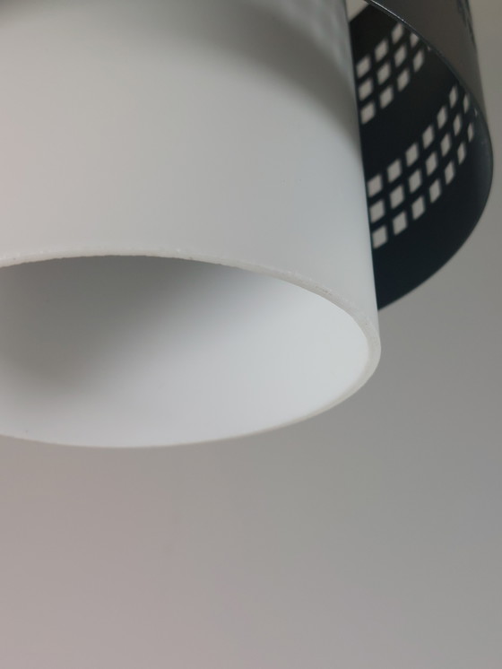 Image 1 of Vintage Mid Century Hanglamp Plafondlamp Hanglamp Geperforeerd Metaal Matglas Jaren 60