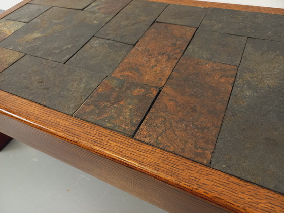 Image 1 of Table Basse Vintage Brutaliste en Chêne et Ardoise des Années 60-70