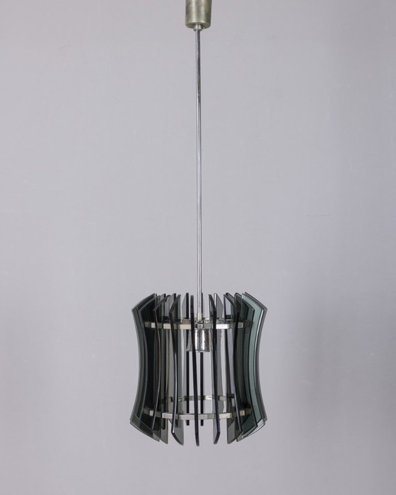 Image 1 of Vintage 1960s metal and smoked glass chandelier, designed by Veca