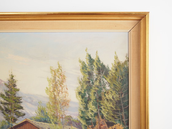 Image 1 of Peinture "Le chalet au bord d'un ruisseau", design scandinave, années 1970