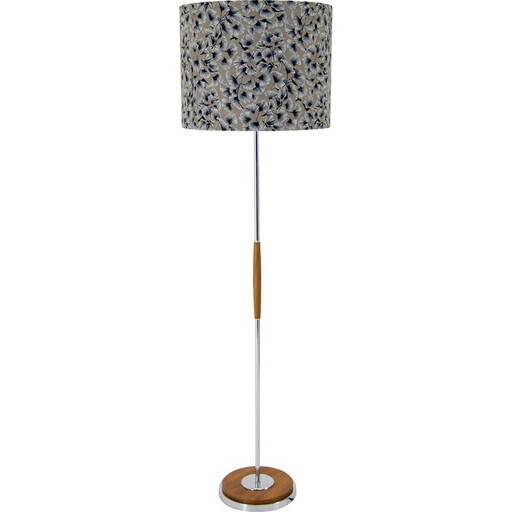 Lampadaire en chrome et bois du milieu du siècle, Tchécoslovaquie 1970