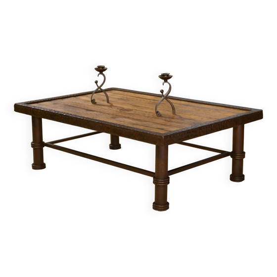 Brutalist coffee table made of wood and wrought iron from the 1960s., Brown (photo 2 of 13)