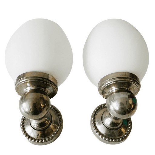 Antikes Art-Deco-Wandlampenset, vernickeltes Metall, opalisierender Tulpenschirm, 1920er Jahre