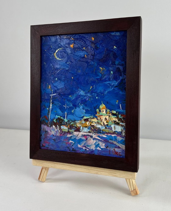 Image 1 of Original Oil Painting Winter Church Landscape Moonlit night over the city