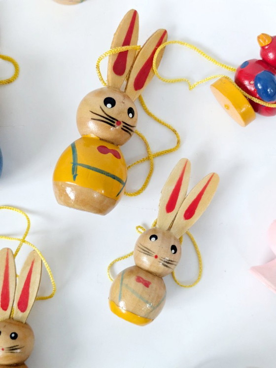 Image 1 of Set of 24 Vintage Easter Hand Painted Wooden Ornaments, Germany 1980s, Original Box
