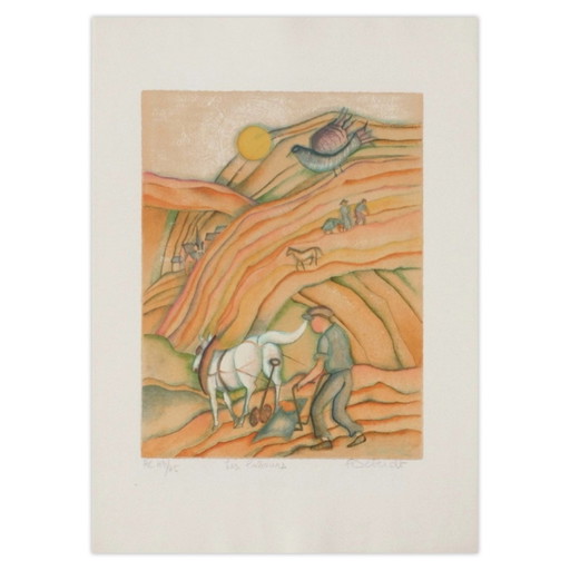Françoise Deberdt Lithographie Signée Aux Champs - Le Labor 1985 – lithos zeefdrukken, Paper (photo 2 of 5)