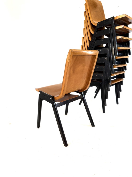 Lotto di 10 sedie impilabili in compensato, Roland Rainer '50 – Sedie da pranzo, Wood, Metal (photo 4 of 8)
