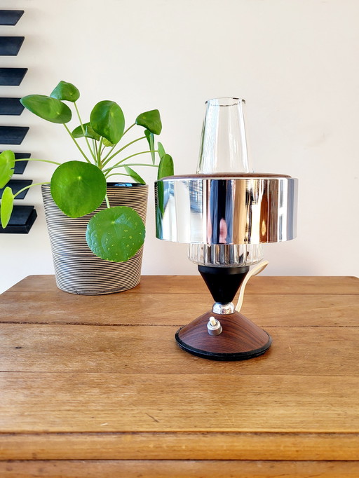 Vintage table lamp, round wooden base finished with chromé, 1950s