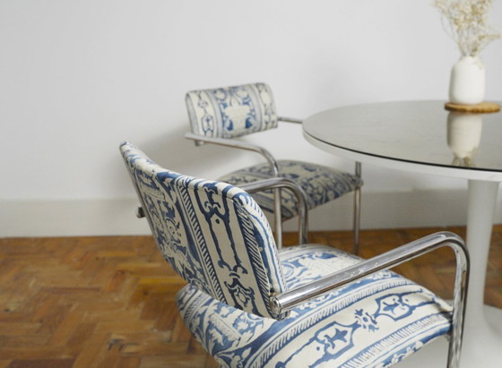 Image 1 of Bauhaus Cantilever Chairs, Portuguese Blue and White Tile Azulejo Upholstery Dining Chairs, Chromed Steel Frame Seating Set of 2