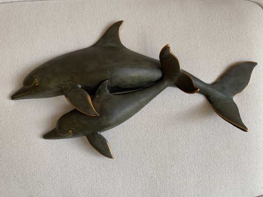 Bronze Wall Decoration Of 2 Dolphins From 1950/1960