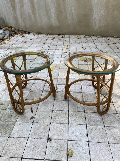 Paire de table basse ronde en rotin et verre année 60’S vintage 